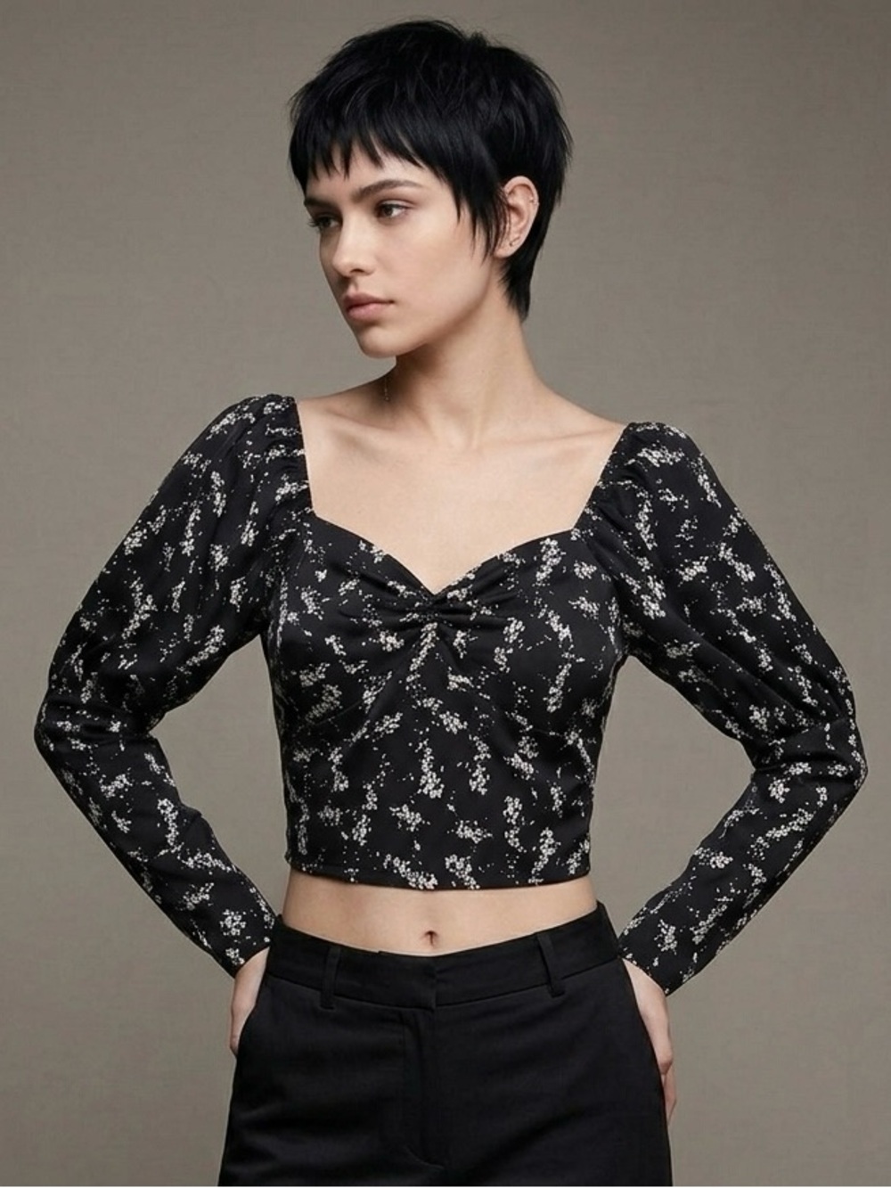 Anthropologie Floral Sweetheart Neck Puff‎ Sleeve Top, Black/White, Size XS